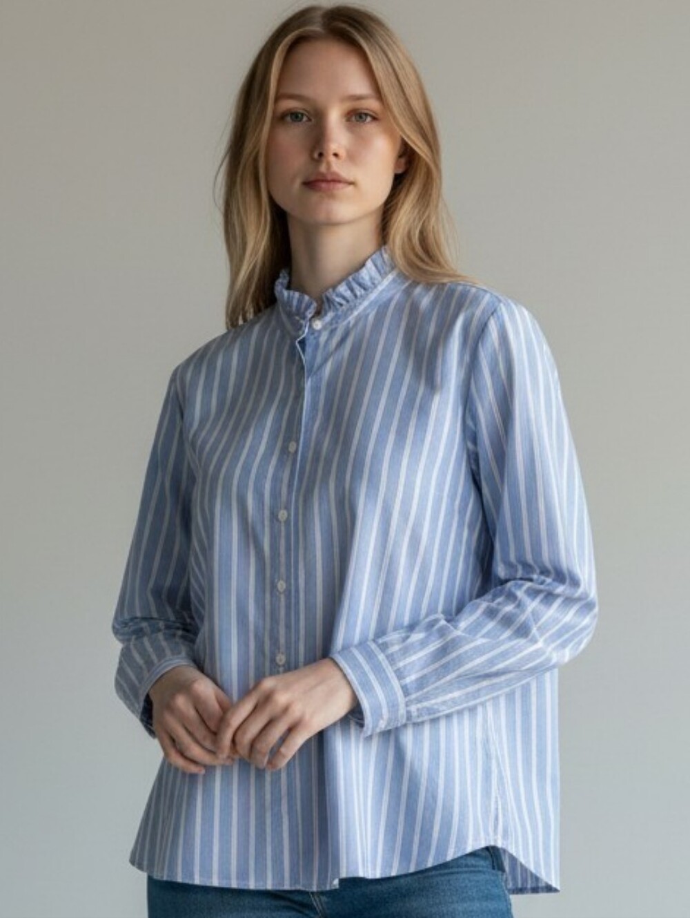 Nili Lotan Cotton Sky Blue and White Striped Ruffle-Neck Shirt